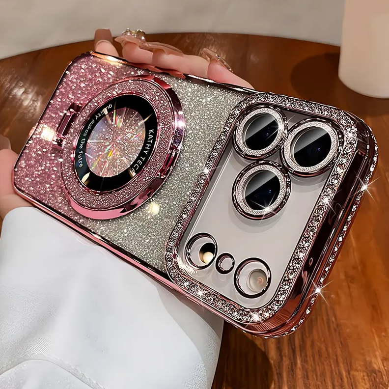 Luxury Bling Glitter Camera Rhinestone Ring Holder Gradient Sequins Plating Phone Case for iPhone
